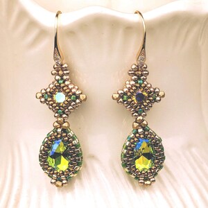 Art Deco Teardrop Earrings: Green & Gold Beaded CZ Gold-Plated Jewelry