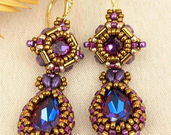 Handmade Elegant Beaded Earrings: Purple, Bronze, Gold, Volcano Crystals, CZ Gold-Plated Hooks