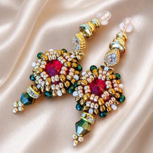 Handmade Beaded Festive Snowflake Earrings, Green, Red, Gold Elegant Dangle, Chatons, Gold-Plated CZ Posts