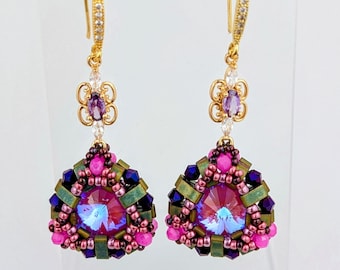 Crystal Triangle Earrings Luminara • Fuchsia, Purple & Metallic Green Beadwork • Gold Plated CZ Accents