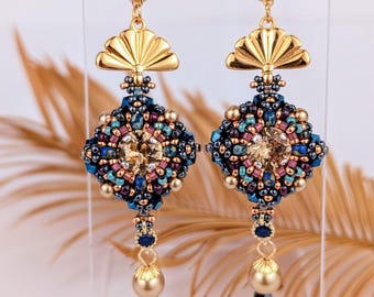 Boucles d'oreilles Art déco « Marrakech » : pendentifs glamour bohèmes en cristal et perles - Bijoux d'inspiration vintage
