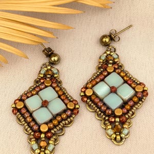 Vintage Handmade Beaded Earrings – Blue & Terracotta on Bronze Filigree, Crystal Accents, Antique Bronze Studs