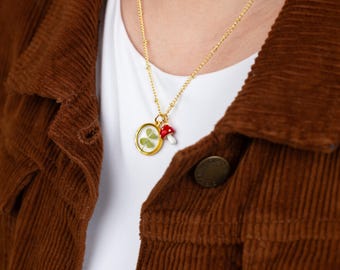 Four Leaf Clover Necklace: Handmade Glass Pendant, Gold Lucky Charm