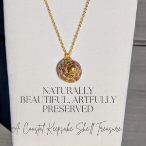 May include: Gold chain necklace with a red, white, and gold seashell pendant. The text "Naturally Beautiful, Artfully Preserved" and "A Coastal Keepsake She'll Treasure" is printed on the white card behind the necklace.