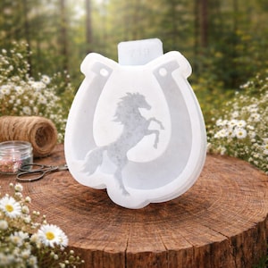 Molde de silicona con forma de herradura y resina epoxi transparente para decoración y manualidades con amuletos de la suerte.