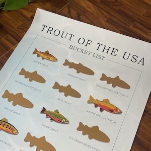 Puede incluir: Un póster con una lista de especies de truchas que se encuentran en los Estados Unidos. El póster presenta ilustraciones de diferentes especies de truchas, incluyendo la trucha marrón, la trucha arcoíris, la trucha garganta cortada de Yellowstone, la trucha garganta cortada de Bonneville, la trucha toro, la trucha garganta cortada de la ladera oeste, la trucha Apache, la trucha de arroyo, la trucha garganta cortada del río Colorado, la trucha dorada de California, la trucha garganta cortada del Río Grande, la trucha garganta cortada de Lahontan, la trucha Gila y la trucha de lago.