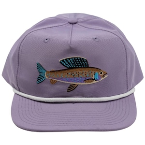 Puede incluir: Una gorra de béisbol de color lavanda con ribete de cuerda blanca y una trucha marrón bordada con detalles azules y morados.