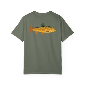 May include: A green short-sleeved t-shirt with a brown and yellow fish graphic on the back.