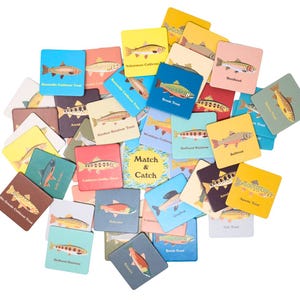 May include: A set of colorful square cards with illustrations of different types of fish. Each card has the name of the fish printed on it. The cards are arranged in a pile, with the top card showing a "Match & Catch" logo.