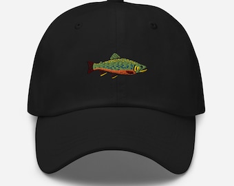 May include: Black baseball cap with an embroidered fish design. The fish features a detailed design with green, orange, and yellow colors. The cap has a curved brim and a structured fit, suitable for outdoor activities or casual wear.