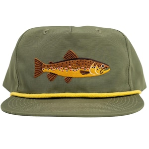 Brown Trout Hat Rope Hat 100% Polyester Fly Fishing One Size Fits All Olive Green Yellow Rope Fishing Cap