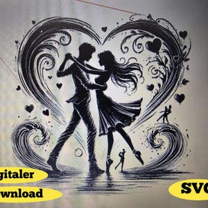 Op de afbeelding: Zwart-witte silhouet van een dansend stel in een hartvorm die is gevormd door draaiende lijnen. Het stel is omringd door kleine hartjes en golven. De woorden "digitaler Download" en "SVG" staan onderaan de afbeelding.