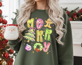 Merry Christmas Sweatshirt, Cute Colorful Holiday Hoodie, Gingerbread Tree Ornament Hoodie, Fun Christmas Hoodie Gift for Her, Xmas Sweater