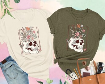 Floral Skull Shirt, Flower Skull Skeleton Shirt, Butterfly Shirt, Gift for Women, Skull Sweater, Skeleton Shirt, Floral Shirt, Skull T-Shirt