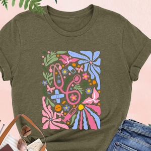 Artistic Nurse Shirt, Nature Medical Worker Tee, Stethoscope and Florals T-Shirt, Cute Healthcare Gift, Botanical Nurse Appreciation Gift