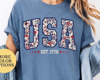 Floral USA Comfort Colors Shirt, 4th of July Tee, Vintage America Graphic T-Shirt, Soft Patriotic Summer Top for Women, Independence Day Tee