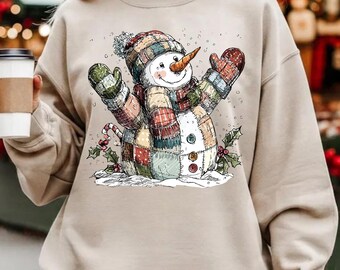 Patchwork Snowman Sweatshirt, Cozy Christmas Hoodie, Winter Hoodie, Cute Holiday Graphic Sweater For Women, Farmhouse Christmas Party Gift