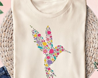 Floral Hummingbird Shirt, Bird Graphic Tee, Nature Lover T-Shirt, Spring Summer Floral Shirt, Cute Garden Gift for Her, Blossom Flower Shirt