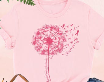 Breast Cancer Awareness Shirt, Dandelion Pink Ribbon Woman Warrior T Shirt, Cancer Fighter Gift, Breast Cancer Support Squad Shirt
