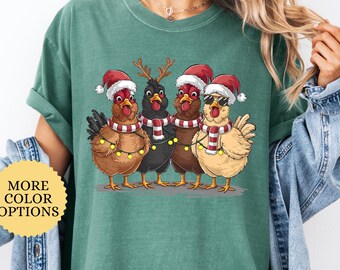 Comfort Colors Chicken Christmas Shirt, Holiday Farm Shirt, Cute Santa Hat Hens Shirt, Country Christmas Chicken Gift, Festive Farm Life