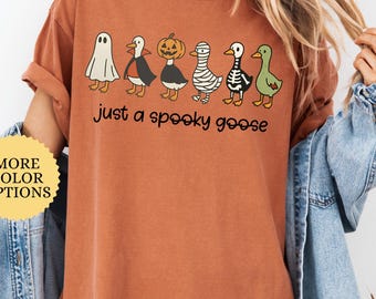 Comfort Colors® Halloween Funny Goose Shirt, Just a Spooky Goose, Womens Halloween Shirt, Skeleton Goose Tee, Spooky Season Mom Shirt