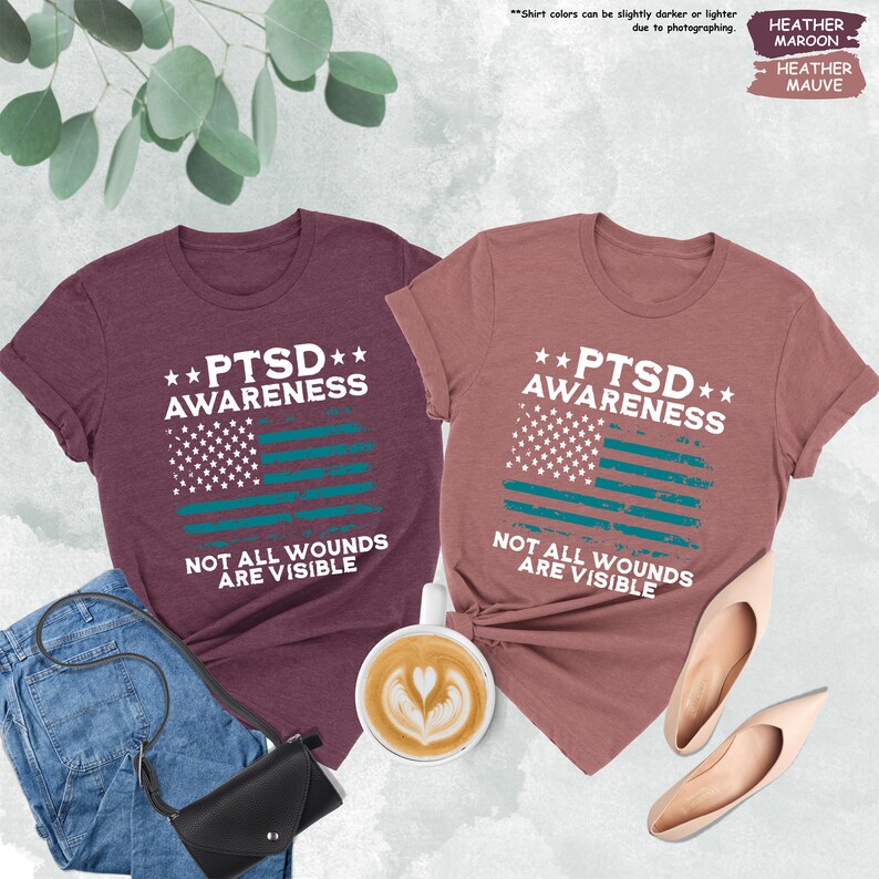 two t - shirts with the words ptsd awareness and not all wound are visible