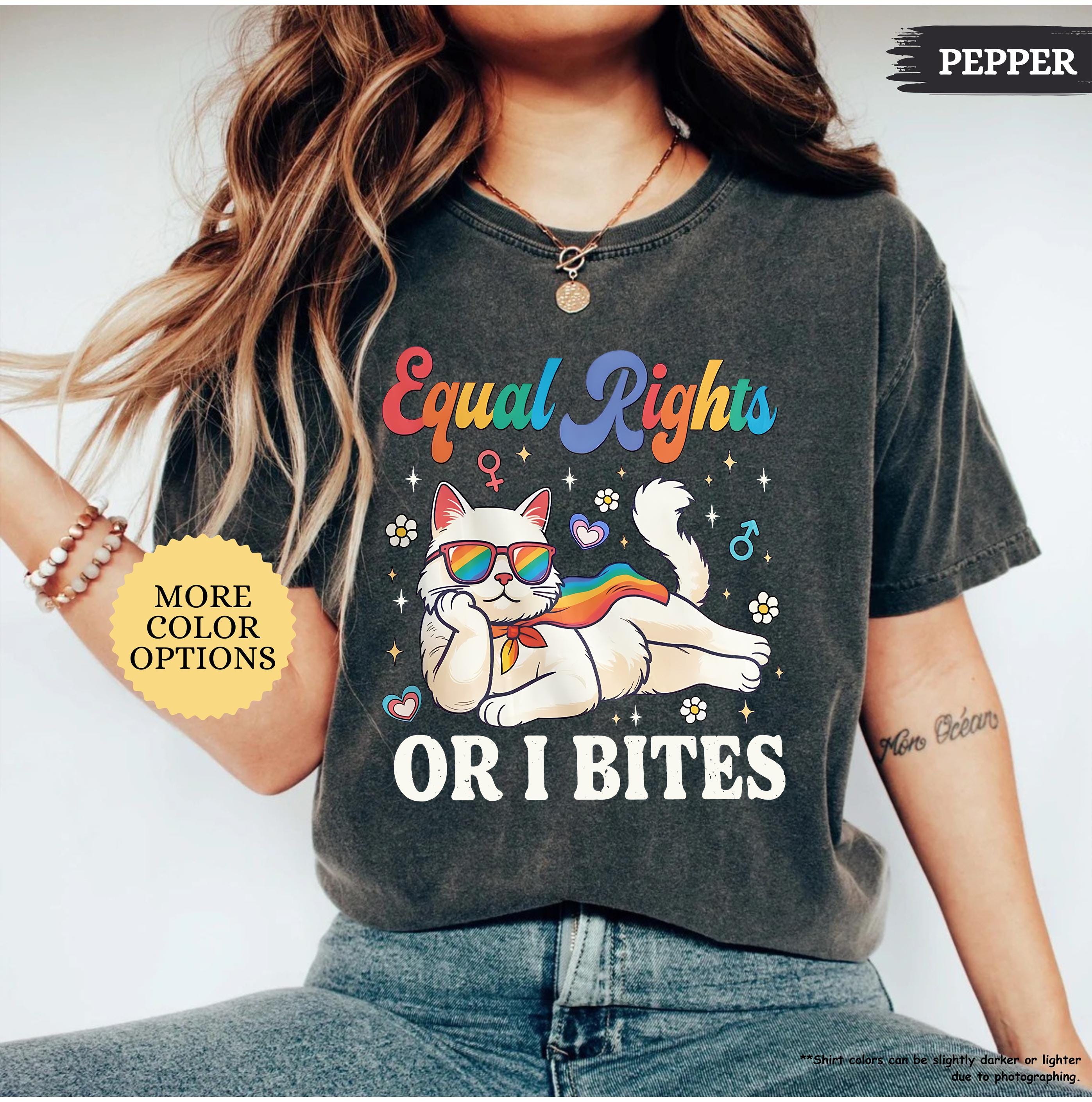 Comfort Colors Pride Month Shirt, Equal Rights Or I Bites Cat Tee, Rainbow Kitty LGBTQ Graphic Shirt, Feminist Gift, Gay Pride Shirt