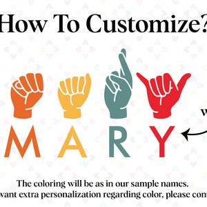 Puede incluir: C&oacute;mo personalizar? Puedes escribir un nombre. Las letras MARY se deletrean usando los gestos del lenguaje de se&ntilde;as americano. Cada letra es de un color diferente: naranja, amarillo, azul verdoso y rojo.