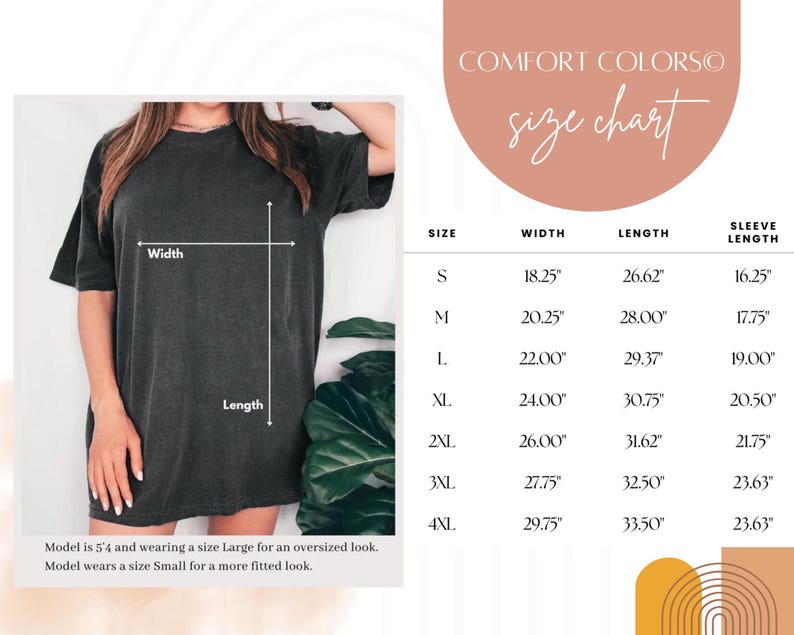 May include: A dark grey t-shirt with a size chart. The chart lists sizes S to 4XL, with measurements for width, length, and sleeve length in inches. The text "COMFORT COLORS" and "size chart" are at the top.