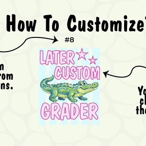 May include: Image with text "How To Customize?" and "Later Custom Grader" with a cartoon alligator. Arrows indicate options for customization. The background is a light beige with a pattern.