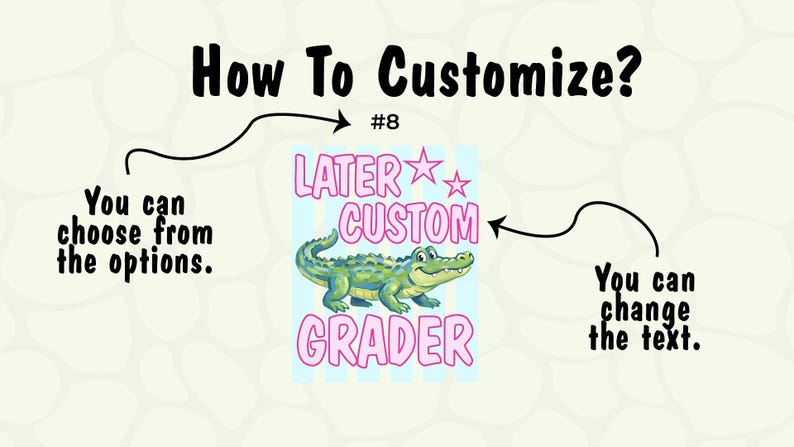 May include: Image with text "How To Customize?" and "Later Custom Grader" with a cartoon alligator. Arrows indicate options for customization. The background is a light beige with a pattern.