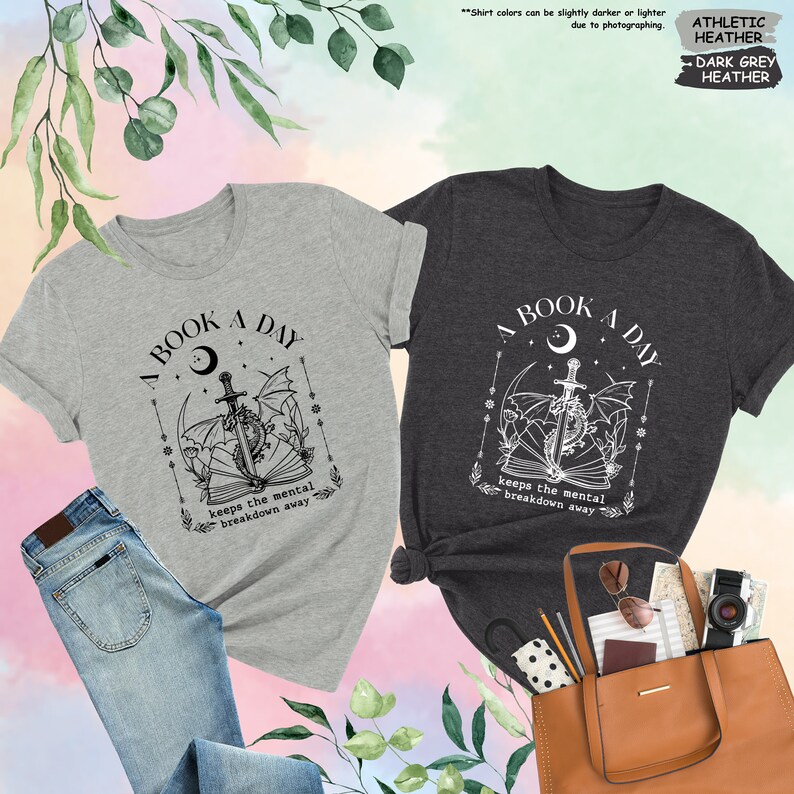 two t - shirts and a purse on a colorful background