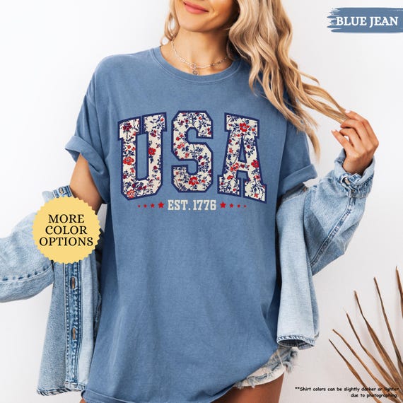 Floral USA Comfort Colors Shirt, 4th of July Tee, Vintage America Graphic T-Shirt, Soft Patriotic Summer Top for Women, Independence Day Tee