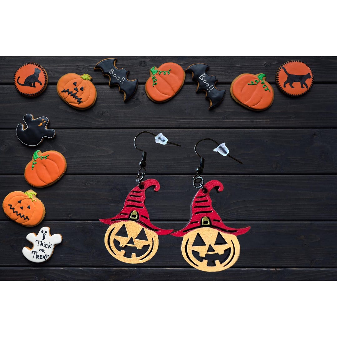 Jackolantern Pumpkin Witch Hat Earrings, Unique Laser Cut & Hand