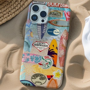 Beachy Surfboard Collage Phone Case, Coconut Girl, Surfer Girl, Tropical Ocean Phone Case for iPhone 15 14 13 12 11 Pro Max 8 Plus X XR XS