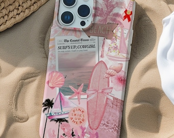 Pink Coastal Cowgirl Collage Phone Case, Beachy Tropical Case, Surfs Up Cowgirl, Coquette Case for iPhone 16 15 14 13 12 11 Pro Max 8 Plus X