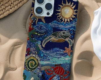 Vintage Ocean Embroidered Beads Mosaic Collage Phone Case, Beachy Turtles, Aesthetic Jewel Case for iPhone 16 15 14 13 12 11 Pro Max 8 Plus