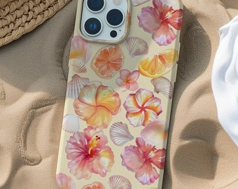 Girly Watercolor Floral Seashell Phone Case, Trendy Summer Floral Print, Coconut GIrl, for iPhone 15 14 13 12 11 Pro Max 8 Plus X XR XS