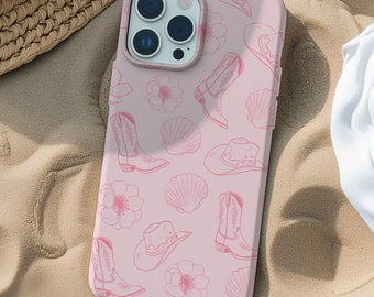 Roze kust cowgirl collage telefoonhoesje, Coquette preppy esthetiek, schattig strandachtig telefoonhoesje voor iPhone 17 16 15 14 13 12 11 Pro Max X XR XS