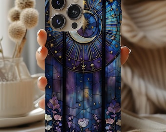 Gothic Celestial Moon & Stars Stained Glass Phone Case, Mosaic Tile Art, Celestial Nights Case for iPhone 17 16 15 14 13 12 11 Pro Max Plus