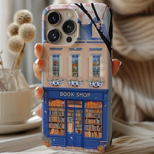 Charmante Chinoiserie Bookshop Handyhülle, Bookish Merch, Aquarell Girly Buch Handyhülle für iPhone 16 15 14 13 12 11 Pro Max 8 Plus X