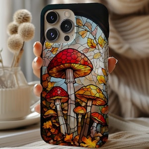Cottagecore Mushroom Stained Glass Mosaic Phone Case, Whimsical Mushroom Motif, Cute Boho Case for iPhone 16 15 14 13 12 11 Pro Max 8 Plus