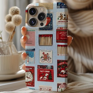 Vintage Christmas Matchbox Art Collage Phone Case, Winter Matchboxes Print, Cute Holiday Gift Case for iPhone 15 14 13 12 11 Pro Max 8 Plus