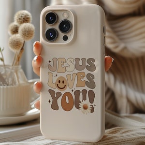 Retro Beige Jesus liebt dich Handyhülle, religiöser Glaube Schrift Geschenk, Christian Merch für iPhone 16 15 14 13 12 11 Pro Max 8 Plus X XR XS