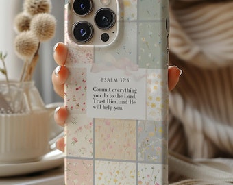 Floral Patchwork Psalm 37:5 Bible Verse Phone Case, Cute Religious Faith Scripture Gift for iPhone 16 15 14 13 12 11 Pro Max 8 Plus X XR XS