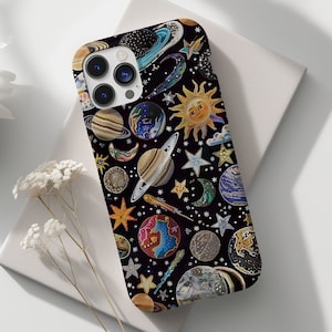 Celestial Mosaic Jewel Collage Phone Case, Sun Moon Stars Print, Trendy Aesthetic Galaxy Print for iPhone 15 14 13 12 11 Pro Max 8 Plus X XR