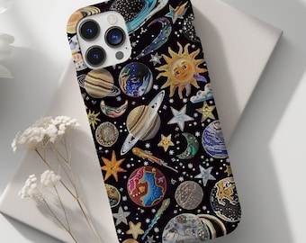 Celestial Mosaic Jewel Collage Phone Case, Sun Moon Stars Print, Trendy Aesthetic Galaxy Print for iPhone 17 16 15 14 13 12 11 Pro Max 8
