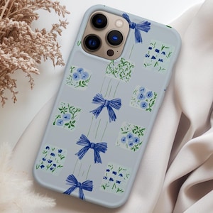Blue Floral Bow Patchwork Collage Phone Case, Gift for Her, Preppy Blue Flower Case for iPhone 16 15 14 13 12 11 Pro Max 8 Plus X XR XS