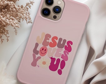 Retro Pink Jesus Loves You Phone Case, Religious Faith Scripture Gift, Christian Merch for iPhone 17 16 15 14 13 12 11 Pro Max 8 Plus XR