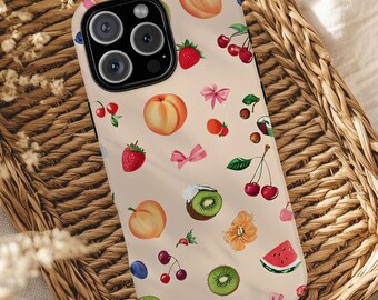 Cute Peachy Fruit Collage Phone Case, Summer Fruits, Girly Phone Case, Cherry Print Case for iPhone 16 15 14 13 12 11 Pro Max 8 Plus X XS XR